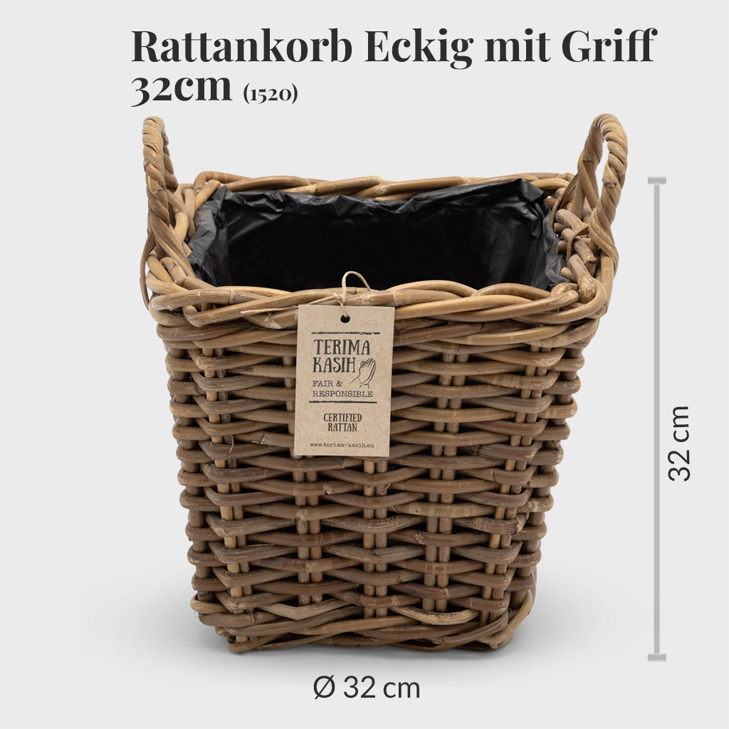 Rattankorb Eckig mit Griff 32cm mit Erde