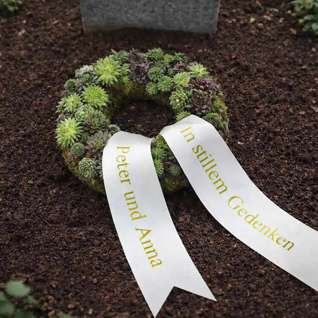 lebender Trauerkranz mit Sukkulenten und cremefarbener Schleife