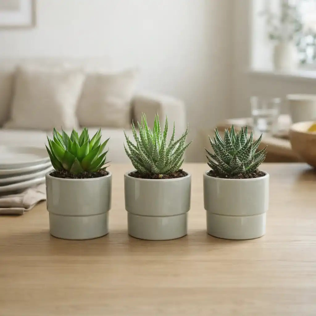 3 Babypflanzen mit Aloe Vera und Keramiktopf als Tischdekoration
