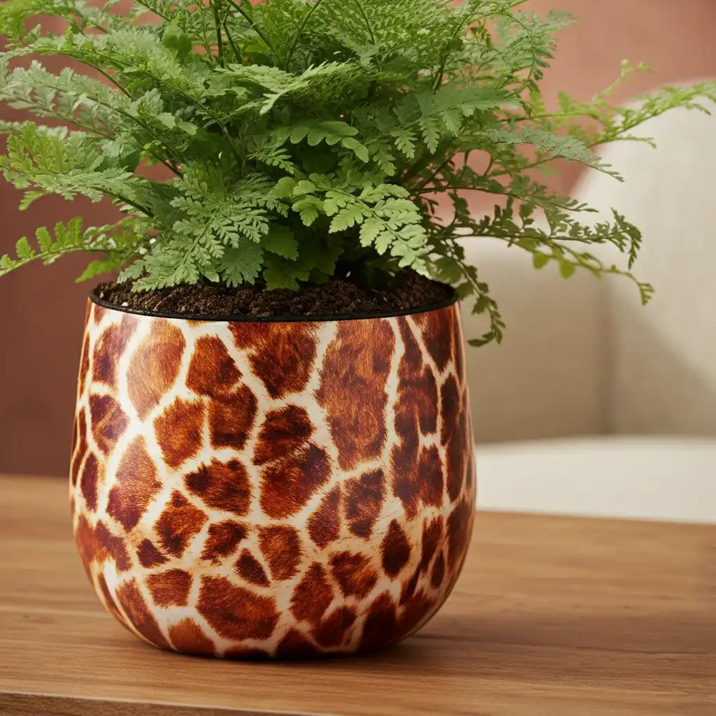 moderner kleiner Übertopf mit Giraffen Print und pflegeleichtem Farn 