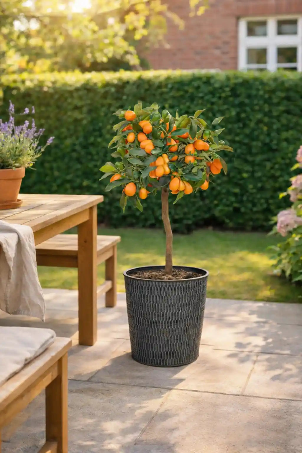 großer Kumquatbaum mit Früchten im grauen Metalltopf auf der Terasse