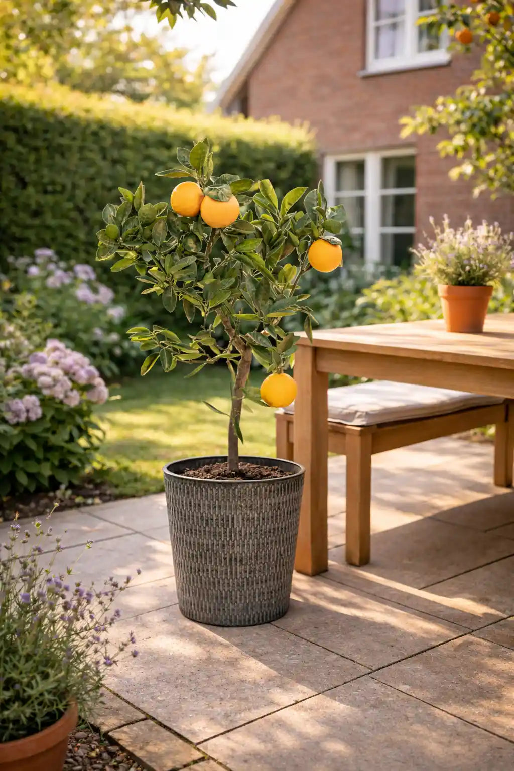 großer Orangenbaum mit Früchten im grauen Metalltopf auf der Terasse