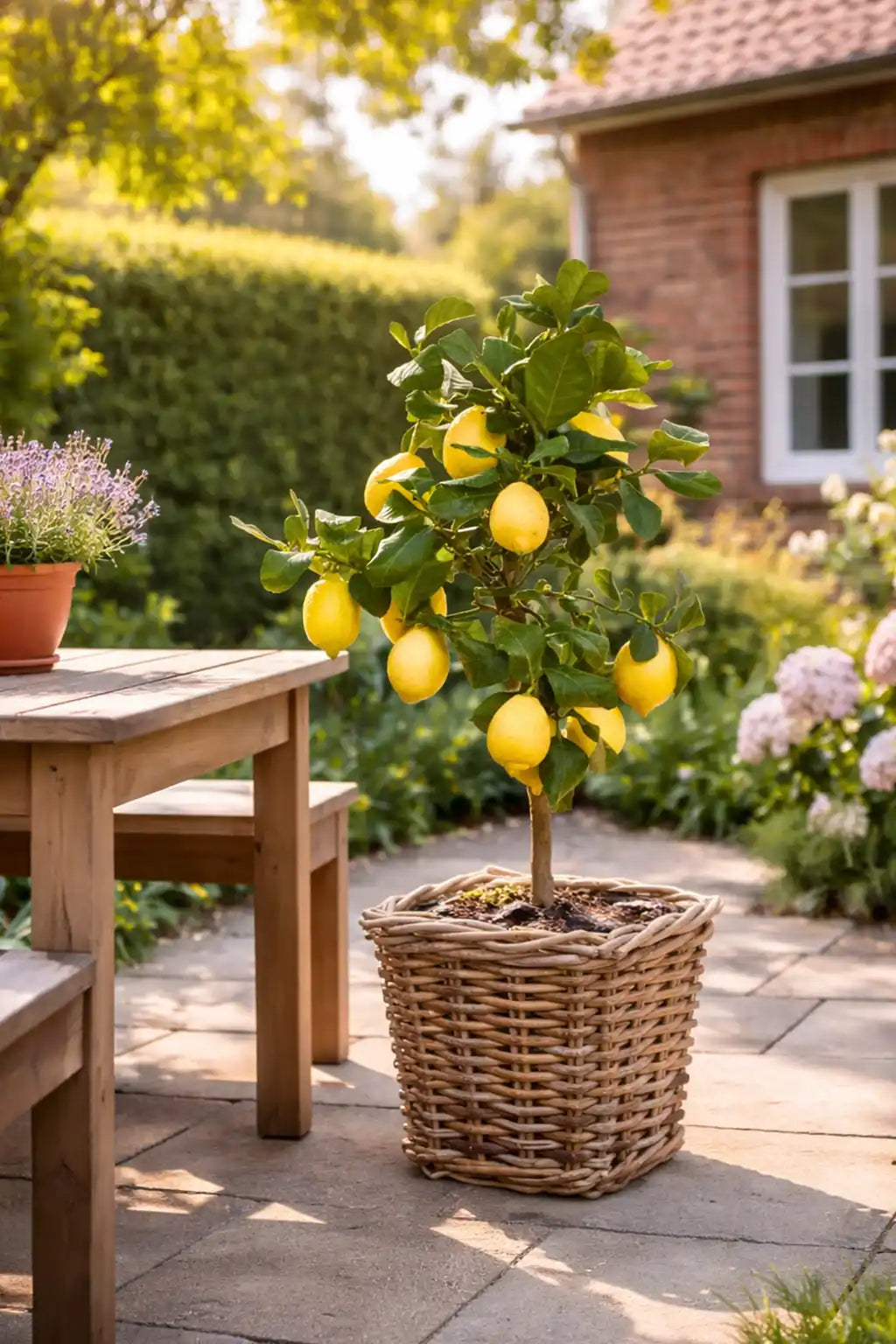 großer Zitronenbaum mit Früchten im geflochtenen Korb auf der Terasse