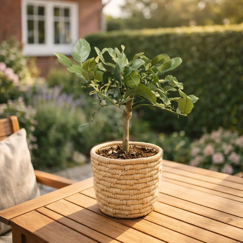 kleiner Kaffir Limettenbaum im Korb für den Terassentisch