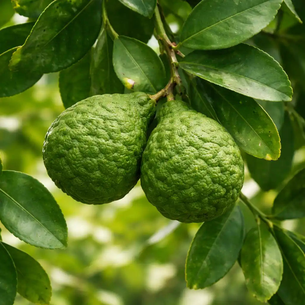 frische, grüne Kaffir Früchte am Limettenbaum