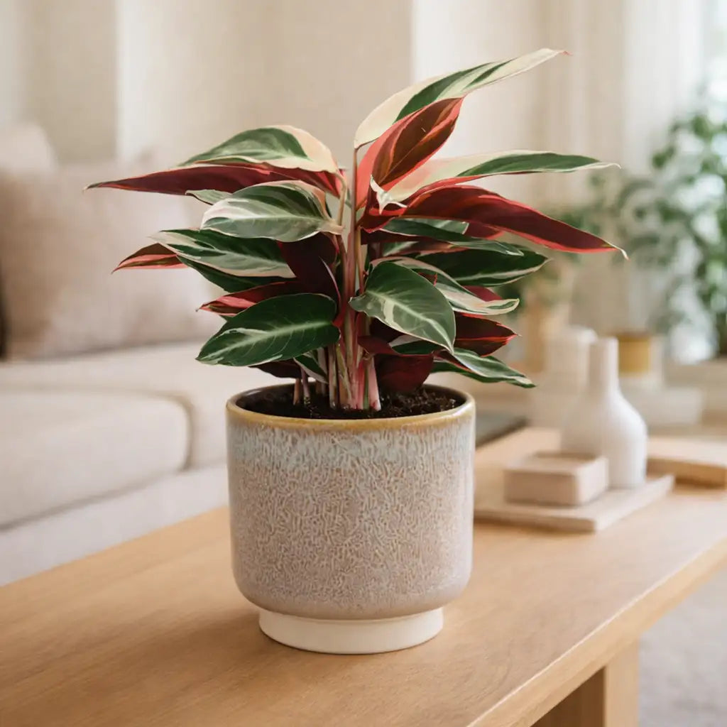Calathea Triostar und Keramiktopf Tupelo im modernen Wohnzimmer