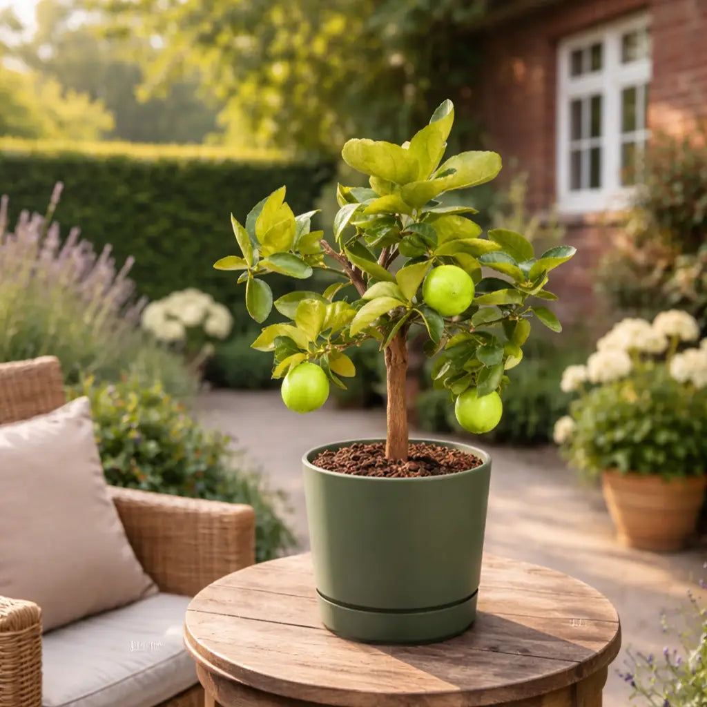 kleiner Limettenbaum mit Früchten im modernen Übertopf für den Terassentisch