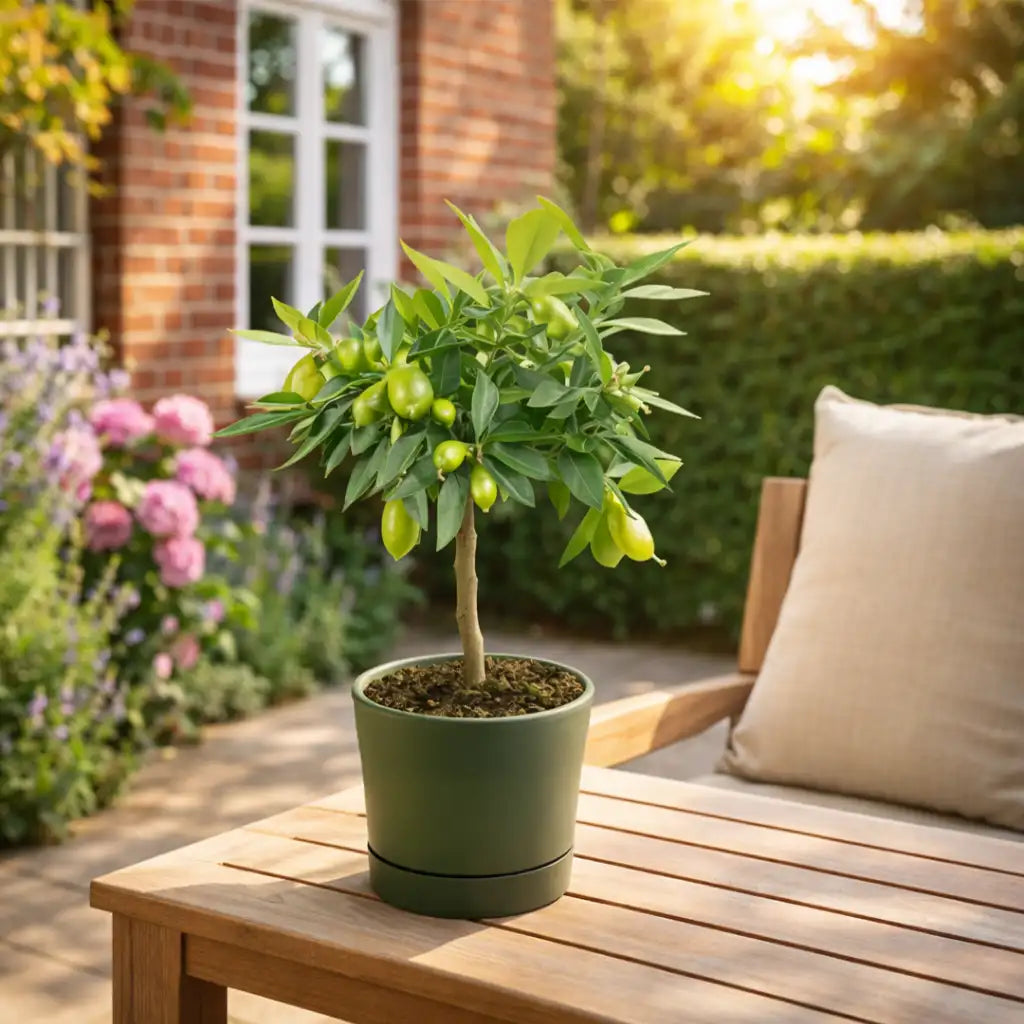 kleiner Limequatbaum Limettenbaum im modernen grünen Übertopf für Draußen