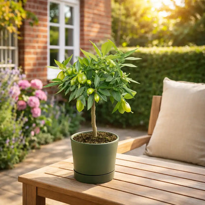 kleiner Limequatbaum Limettenbaum im modernen grünen Übertopf für Draußen