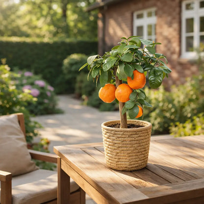 kleiner Mandarinenbaum mit Früchten im Korb auf dem Terassentisch