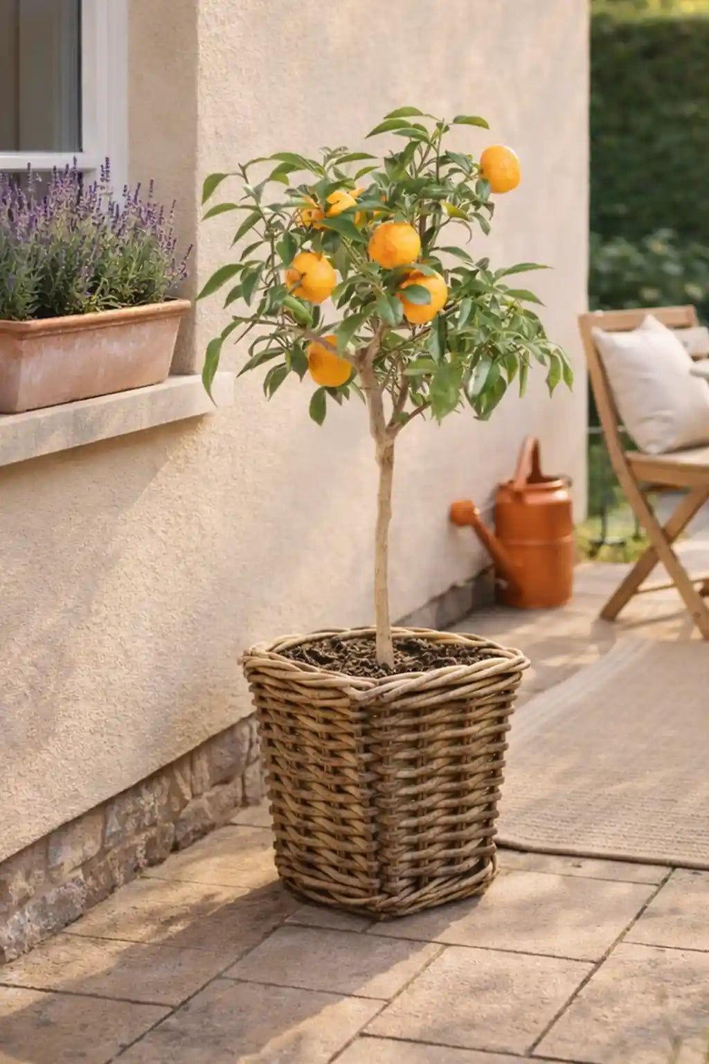 großer Mandarinenbaum mit Früchten im geflochtenen Korb auf der Terasse