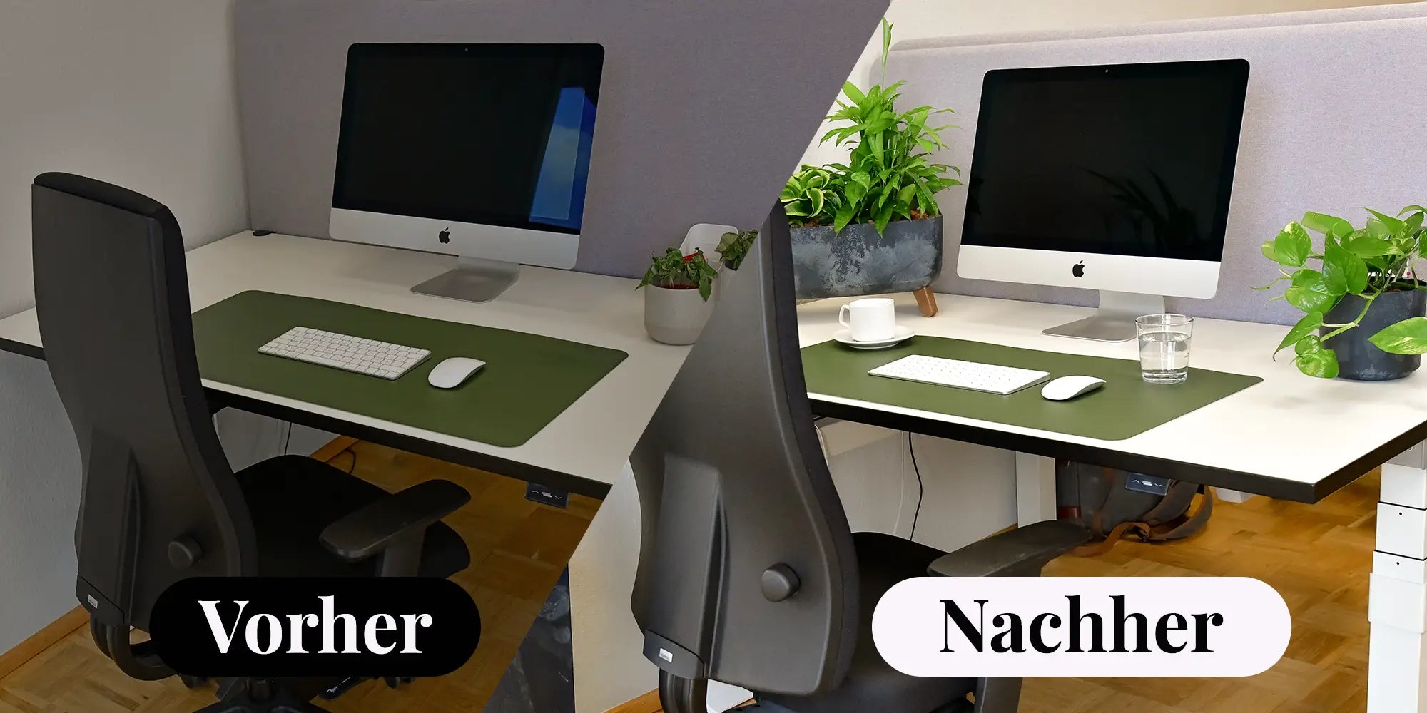 Vergleich Büropflanzen triste und ohne Pflanzen versus schöner Platz mit Pflanzen