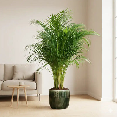 große Zimmerpflanze mit Palmenwedel in einem grünen Keramiktopf im hellen Wohnzimmer