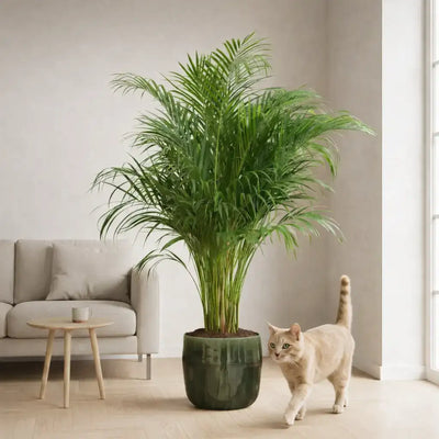 große ungiftige XXL Goldfruchtpalme mit grünem Keramiktopf und Katze